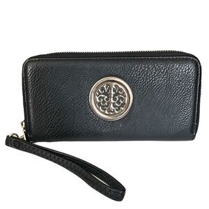 Gold Emblem Black Vegan Leather Double Zip Around Wristlet Wallet Clutch